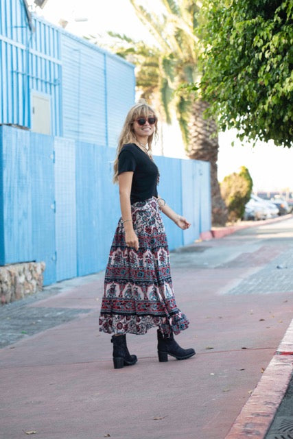 Luna Printed Long Skirt Blue/Red With Lurex