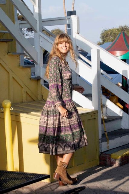 Luna Printed Long Dress Green/Purple With Lurex