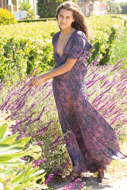 Sophie Printed Maxi Dress Grey/Purple - Blue Boheme