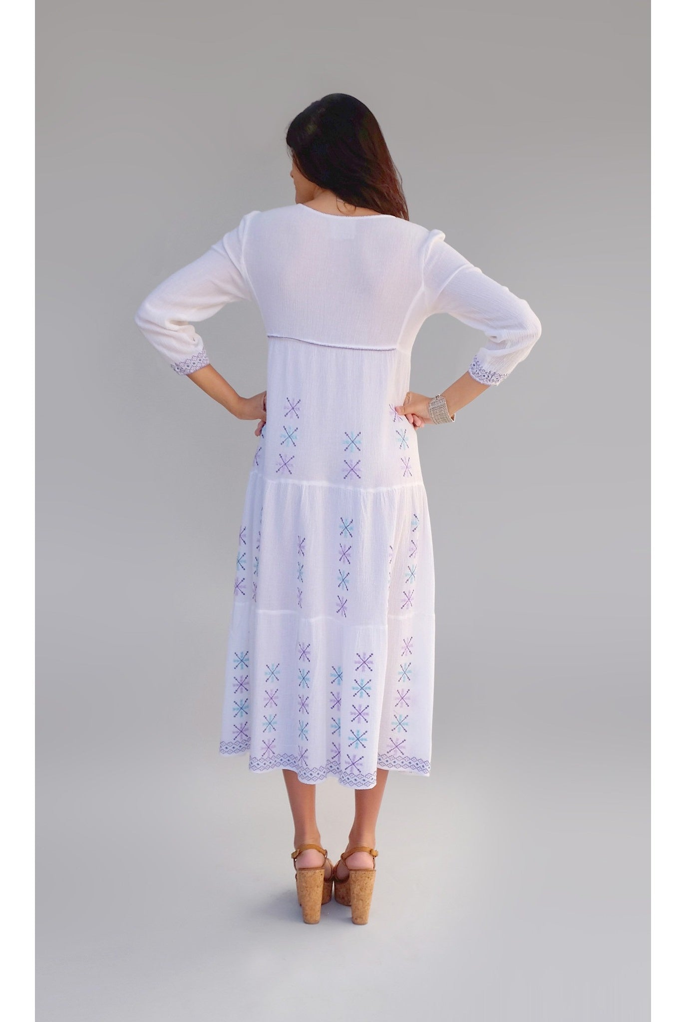 Cara Embroidered Long Dress Natural - Blue Boheme