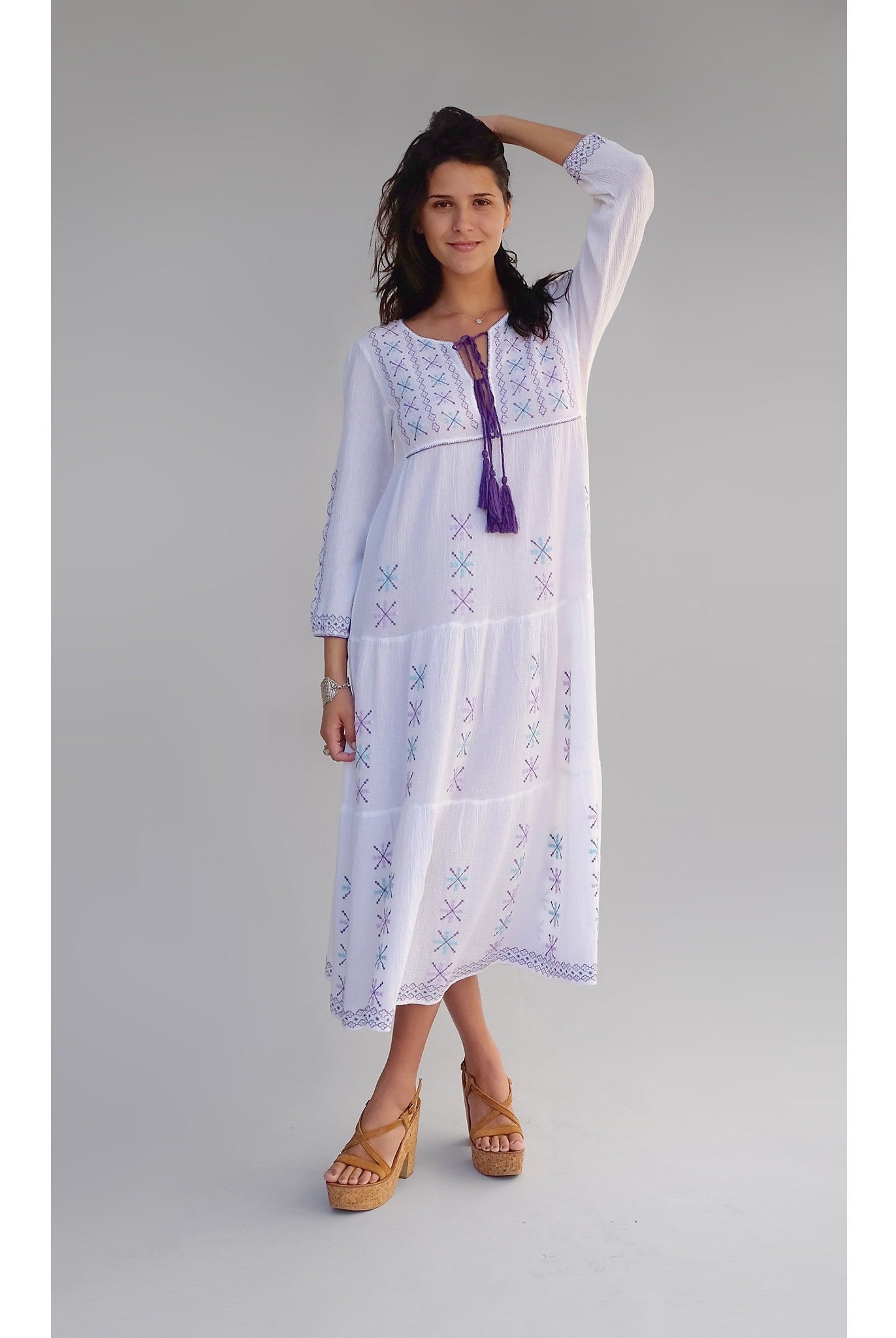 Cara Embroidered Long Dress Natural - Blue Boheme