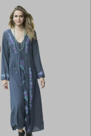 Thea Embroidered Maxi Dress Grey/Turquoise - Blue Boheme